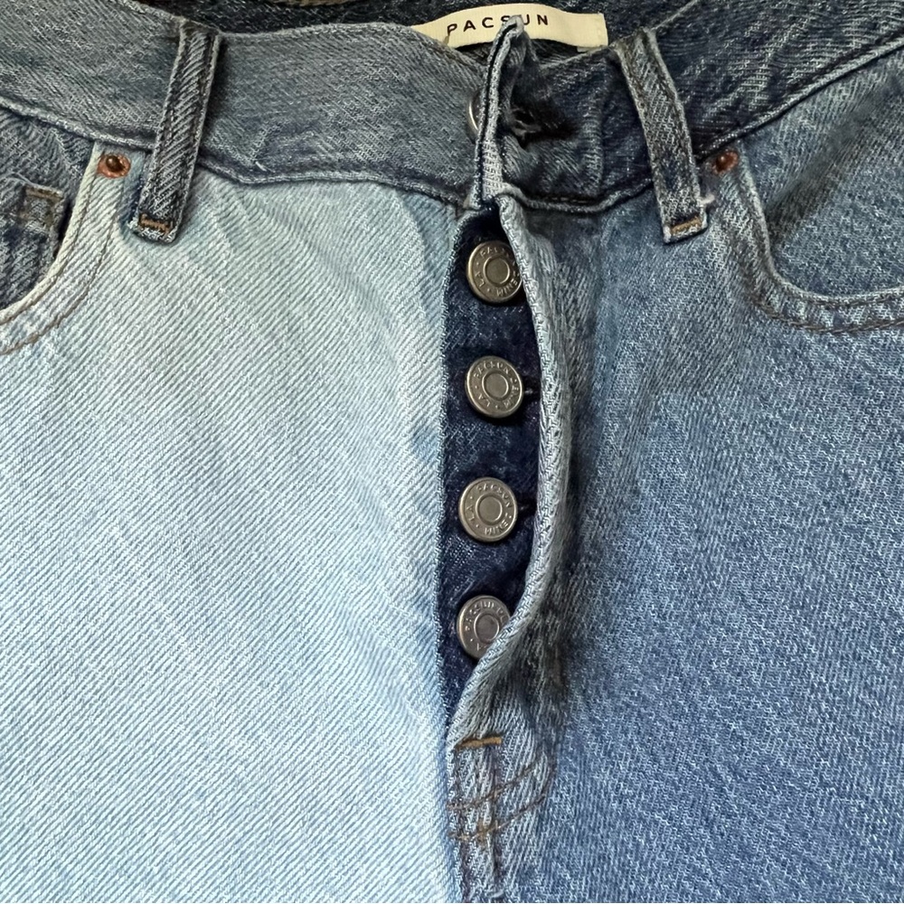 PACSUN Eco Two-Tone Patchwork Blue High Waisted Straight Leg Jeans - Picture 13 of 13